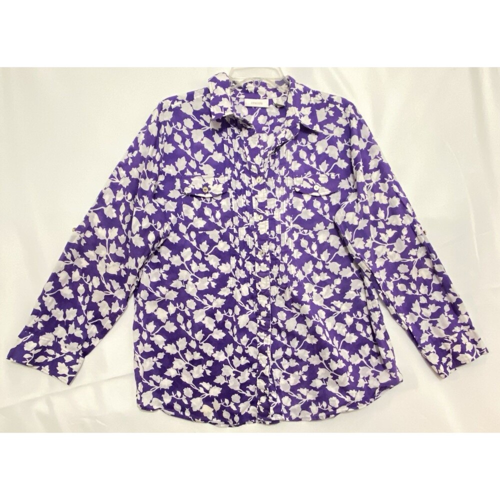 Chicos Womens Size 2 Purple White Floral Button Down Shirt Roll Tab Sleeves